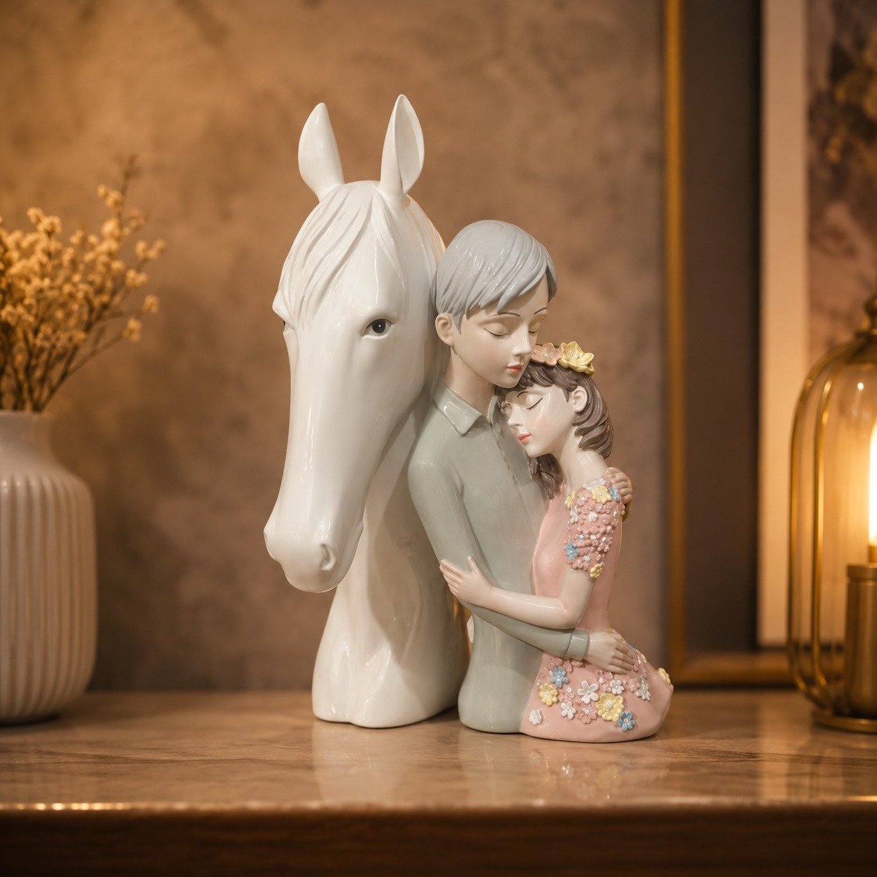Couple with Horse Decorative Resin Showpiece