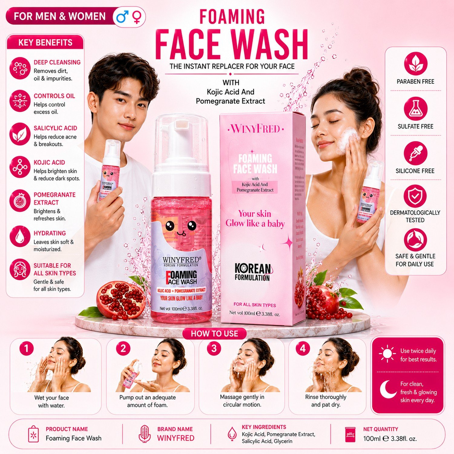 WinyFred Foaming Face Wash – Kojic Acid & Pomegranate Extract (100ml)