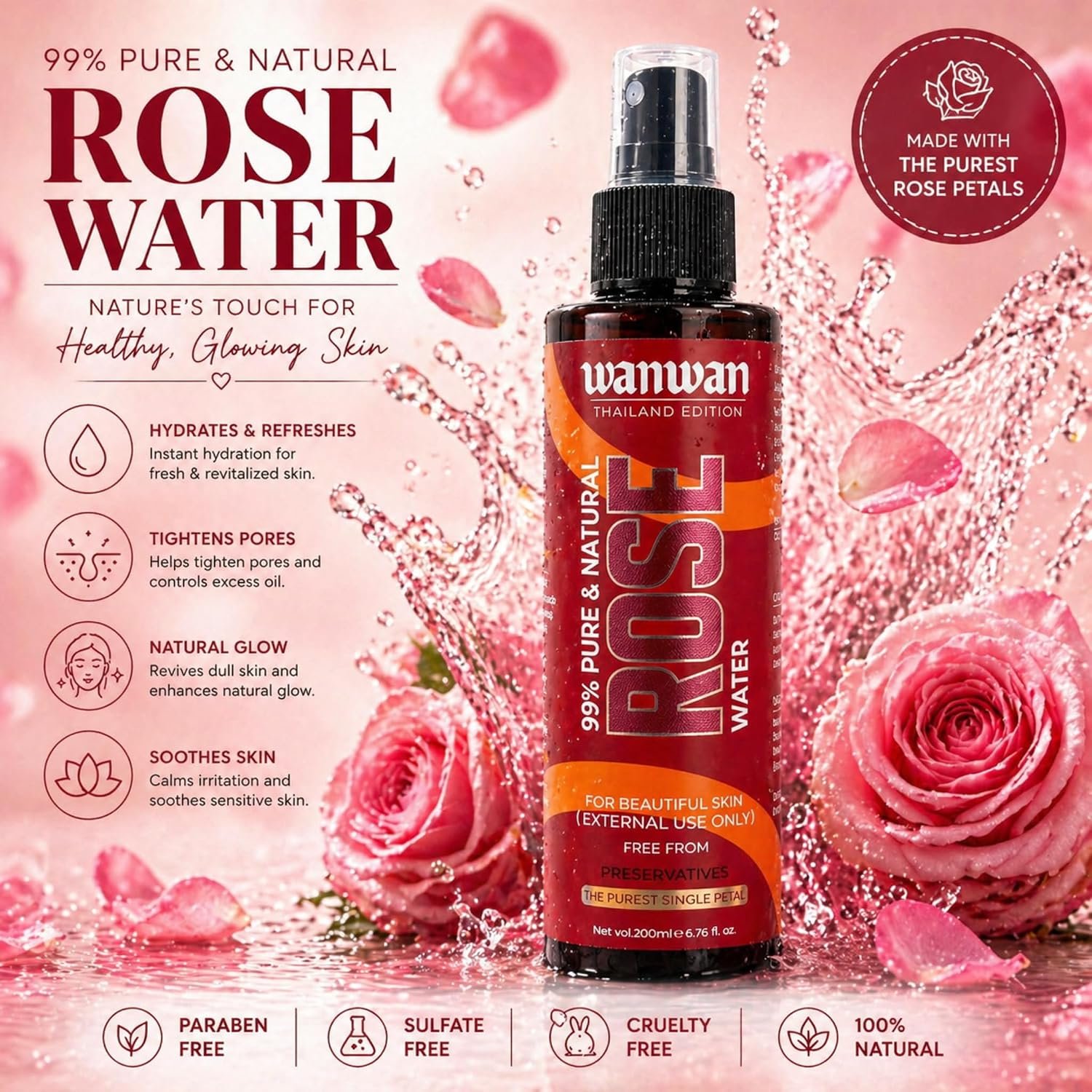 Wanwan 100% Pure & Natural Rose Water Spray – 200ml Men & Women (10 ml)